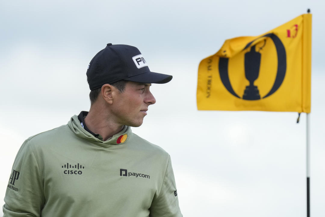 Viktor Hovland of Norway waits on the 13th green during his second round of the British Open Golf Championships at Royal Troon golf club in Troon, Scotland, Friday, July 19, 2024. (AP Photo/Jon Super)