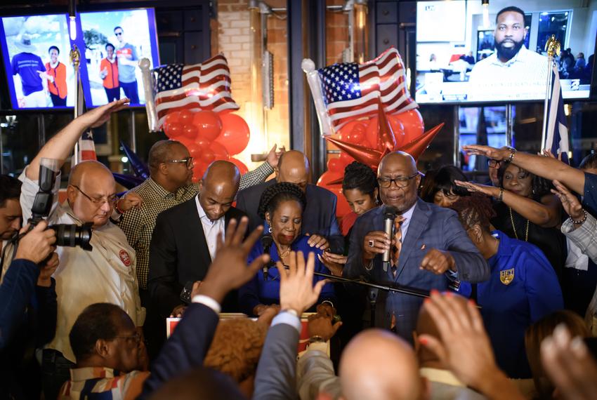 Houston, Texas: Congresswoman Sheila Jackson Lee is prayed for during her victory party on March 5, 2024 in Houston, Texas. Mark Felix/The Texas Tribune