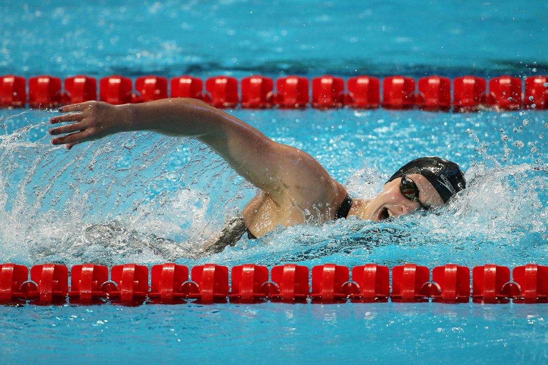 Katie Ledecky swimming to gold in a new world record of 15.25:48 in the women's 1500m freestyle final on August 4, 2015 in Kazan, Russia.