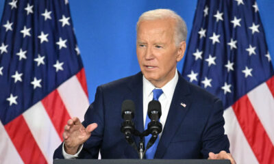 President Joe Biden speaks during a press conference at the close of the 75th NATO summit at the Walter E. Washington Convention Center on Thursday.