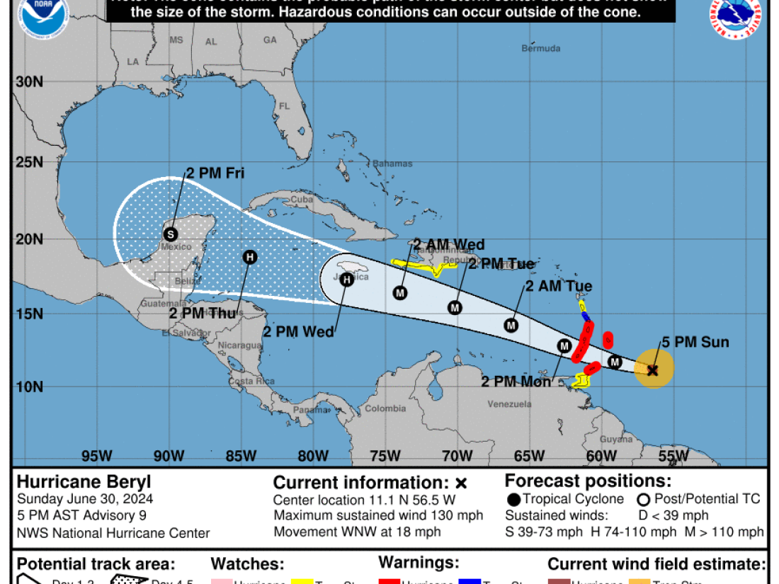 A forecast shows the probable path of the storm center.