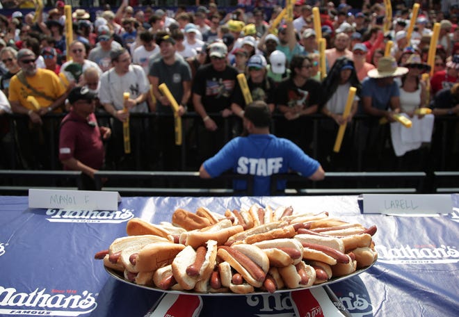 Hot dogs are ready for the 2024 Nathan's Famous Fourth of July hot dog eating competition at Coney Island in the Brooklyn borough of New York on July 4, 2024.