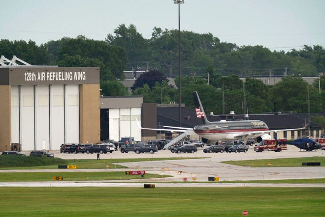 Former President Donald Trump's plane landed at 128 Air Refueling Wing on Sunday, July 14, 2024 in Milwaukee, Wis.