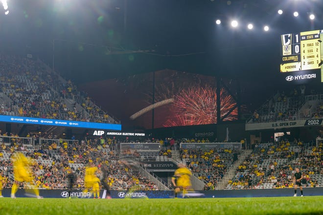 Jul 3, 2024; Columbus, OH, USA; Red, White & Boom fireworks go off during the second half of the MLS soccer match between the Columbus Crew and Nashville SC at Lower.com Field. The Crew won 2-0.