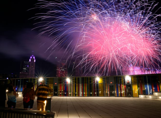 July 3, 2024; Columbus, Ohio, USA; 
Guests enjoy fireworks during Red, White and Boom in downtown Columbus from National Veterans Memorial and Museum.