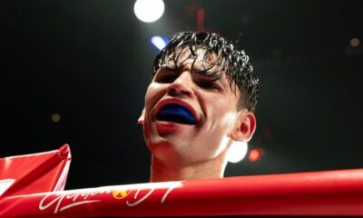 NEW YORK, NEW YORK - APRIL 20: Ryan Garcia reacts after their WBC Super Lightweight title bout against Devin Haney at Barclays Center on April 20, 2024 in New York City. (Photo by Al Bello/Getty Images)