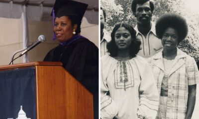 U.S. Rep. Sheila Jackson Lee, left, spoke at the Law School’s Final Exercises in 2001. She is pictured in the right photo with classmates from the Black American Law Students Association at the Law School in 1974. (Photos courtesy UVA Law archives)