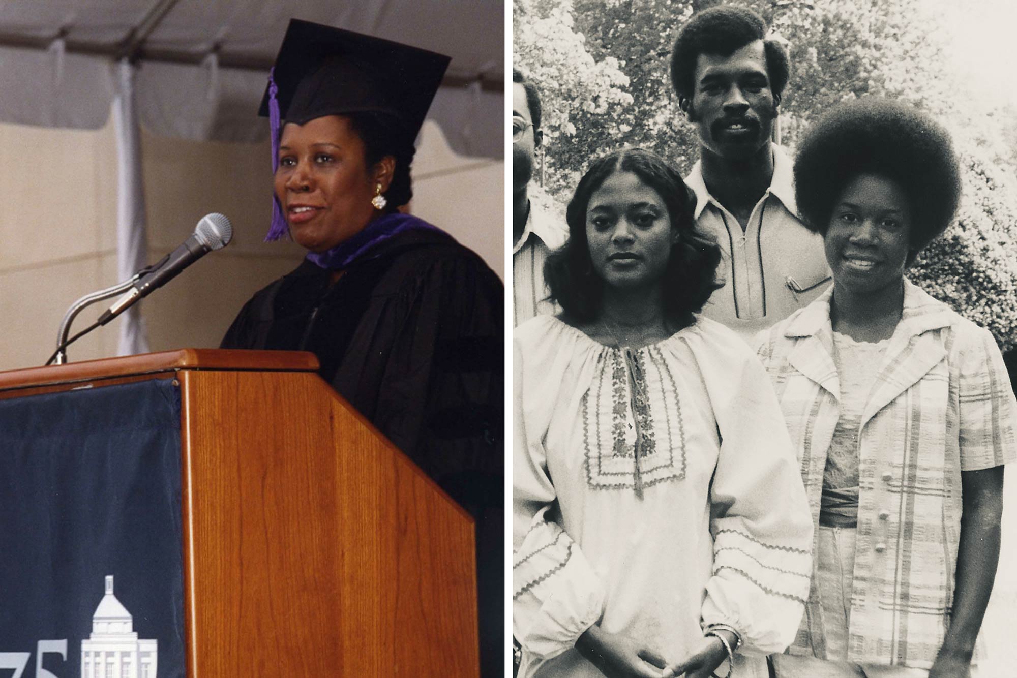 U.S. Rep. Sheila Jackson Lee, left, spoke at the Law School’s Final Exercises in 2001. She is pictured in the right photo with classmates from the Black American Law Students Association at the Law School in 1974. (Photos courtesy UVA Law archives)