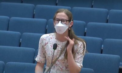 Violet Affleck speaking at a Los Angeles County board of supervisors meeting.