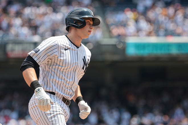 New York Yankees first baseman Ben Rice (93) runs the bases after his solo home run during the first inning against the Boston Red Sox.