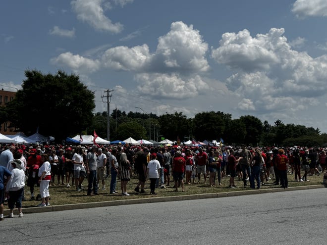 A large crowd waits to enter the Trump rally in Harrisburg July 31, 2024.