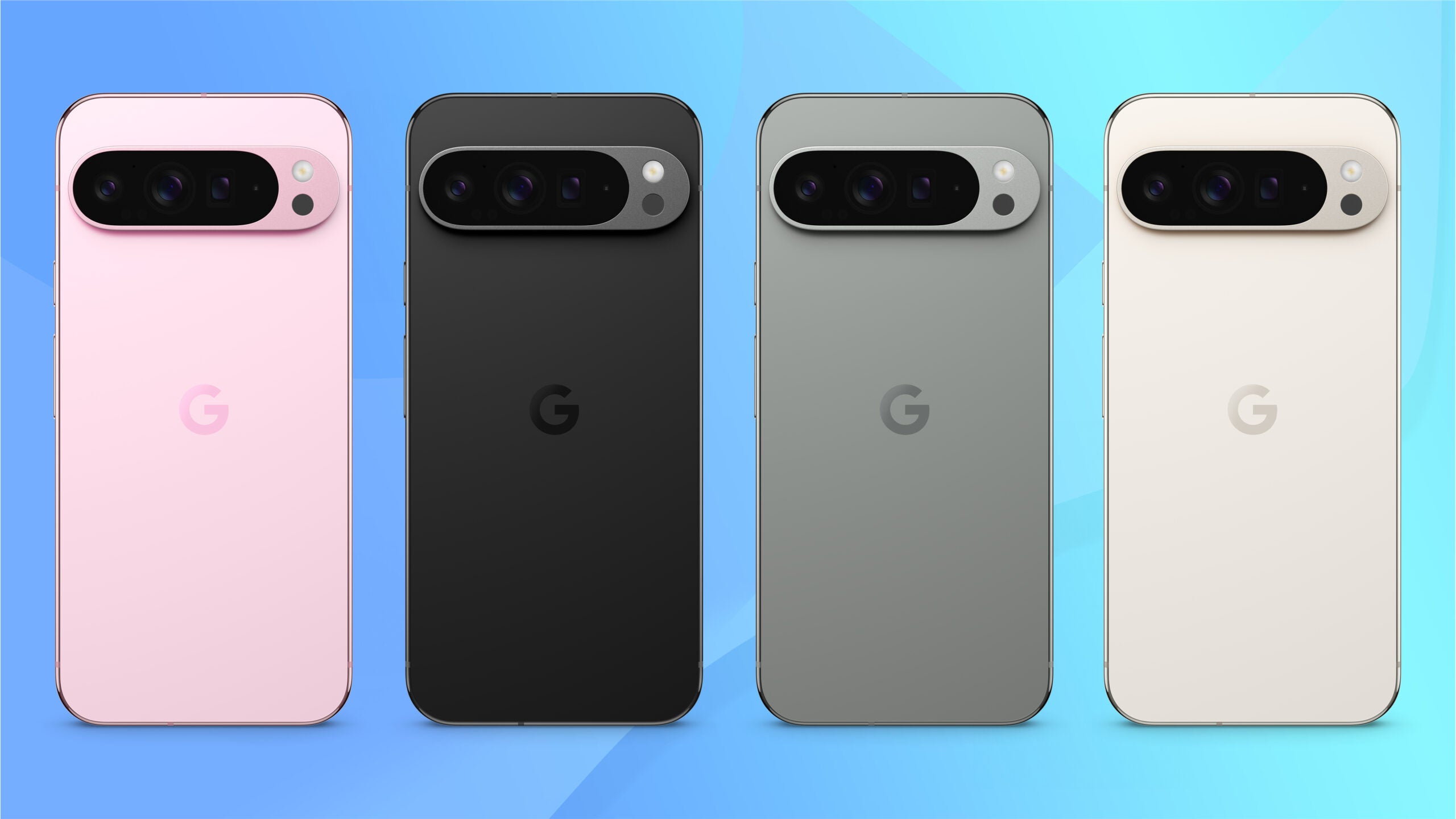 Four Google Pixel 9 Pro XL handsets lined up, showing all available colours, against a blue backdrop