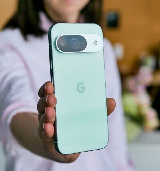 Google Pixel 9 held in the hand.