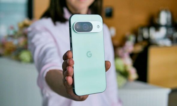 Google Pixel 9 held in the hand.