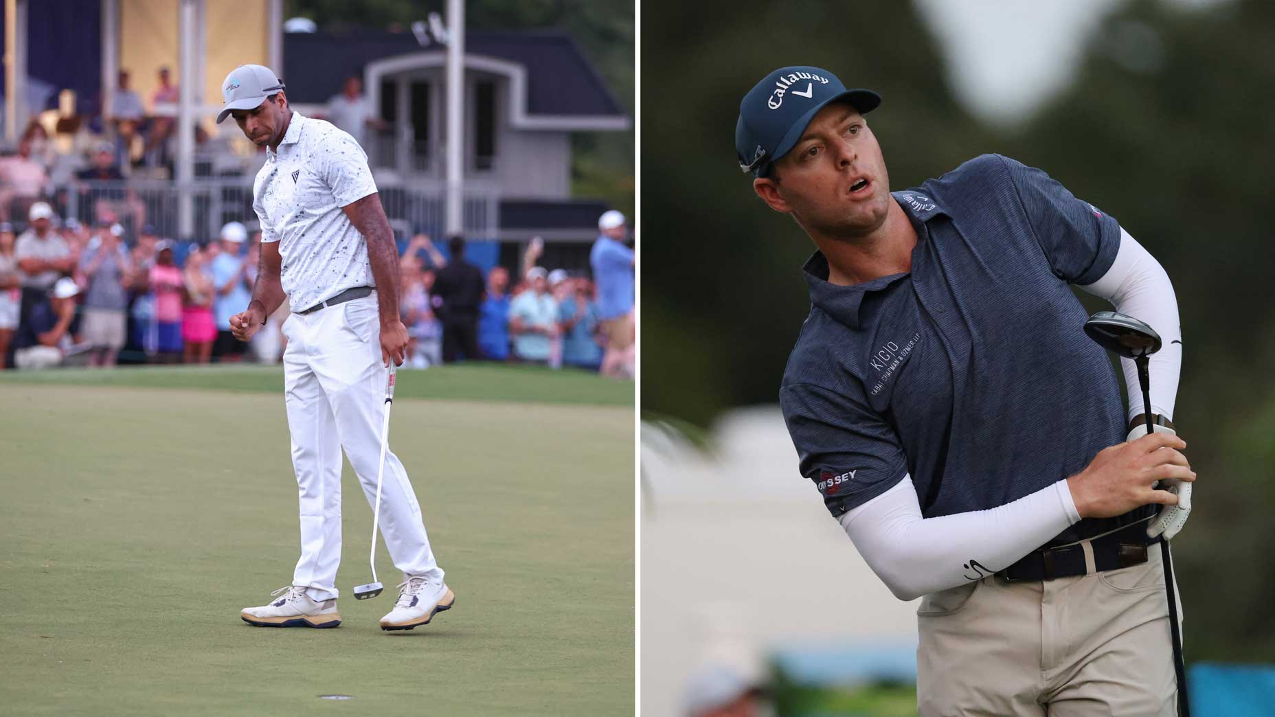 A split image of Aaron Rai and Max Greyserman at the Wyndham Championship.