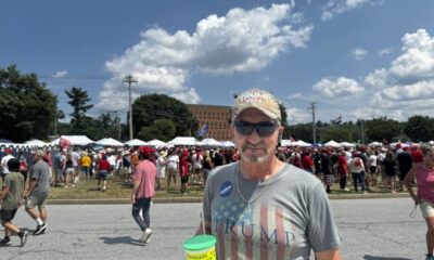 Joe Mandara, 58, of Wrightsville, waits to enter the Pennsylvania Farm Show complex for a rally by Donald Trump July 31, 2024.