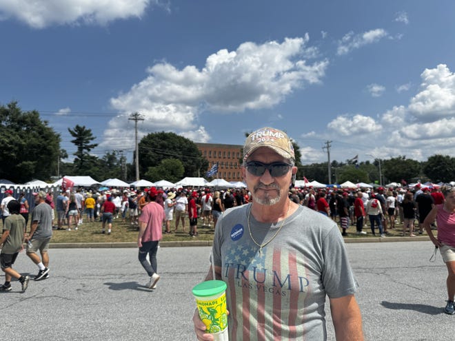 Joe Mandara, 58, of Wrightsville, waits to enter the Pennsylvania Farm Show complex for a rally by Donald Trump July 31, 2024.