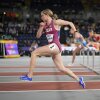 Chari Hawkins, of the United States, competes in the Pentathlon 60 meters hurdles during the World Athletics Indoor Championships at the Emirates Arena in Glasgow, Scotland, Friday, March 1, 2024.