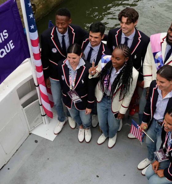 The American Olympics tennis team with NBA legend LeBron James during the Opening Ceremony.