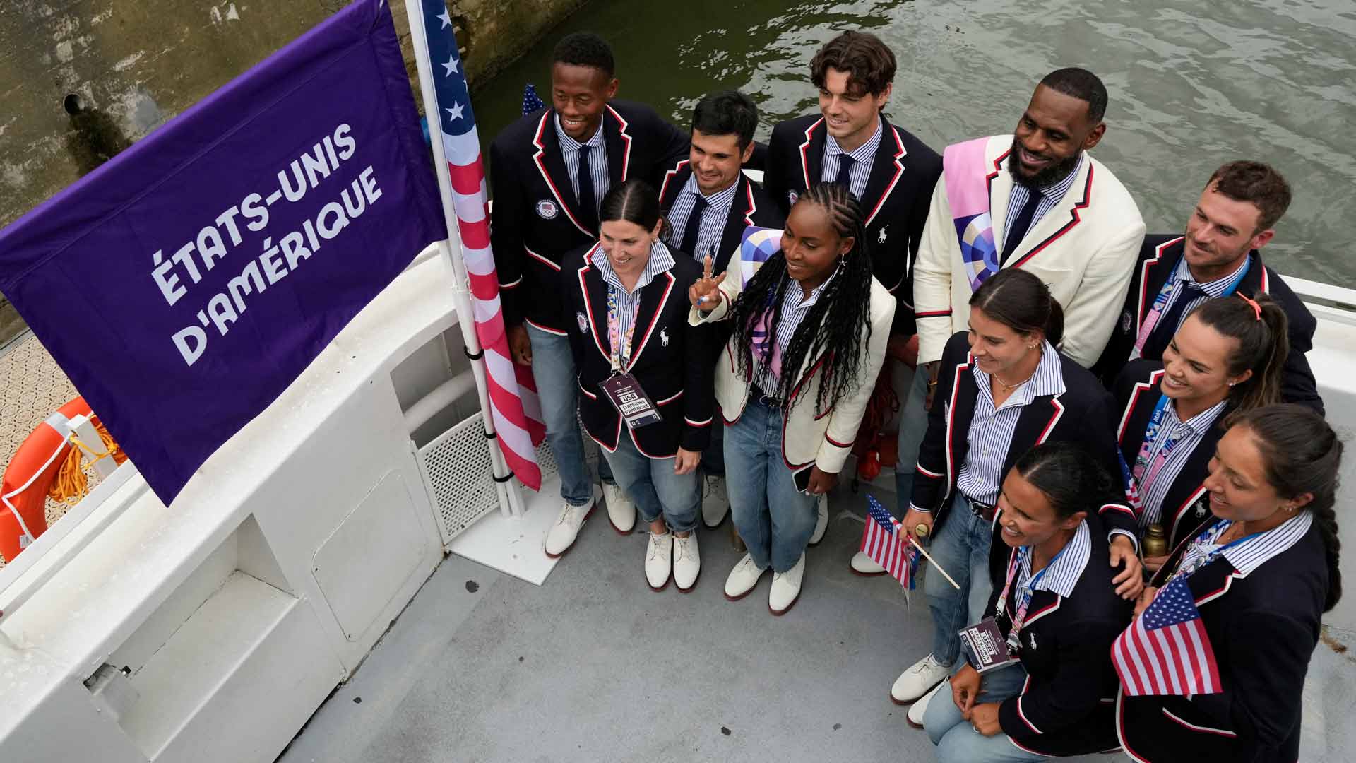 The American Olympics tennis team with NBA legend LeBron James during the Opening Ceremony.