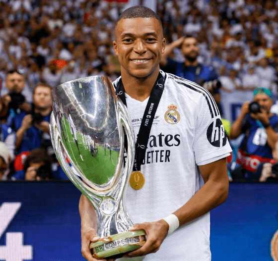 Real Madrid player Kylian Mbappe holding the Super Cup on Wednesday, August 14, 2024. PHOTO/@KMbappe/X